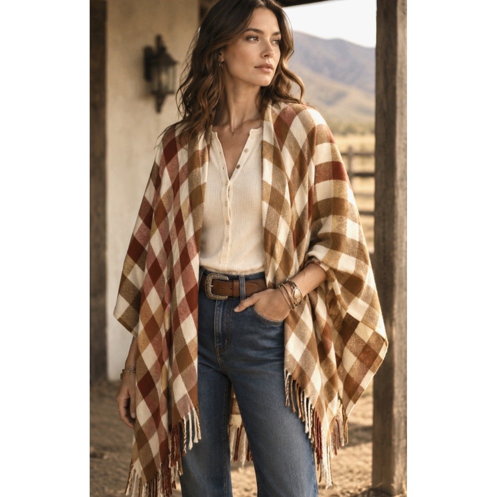 Sonoma Womens Plaid Fringe Oversized Sweater Poncho Shawl Boho  Western Cowgirl